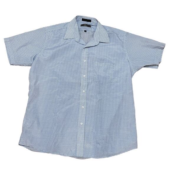 Oleg‎ Cassini Men's 16.5 Short Sleeve Blue White Checked Button Up Casual Shirt - Picture 1 of 5